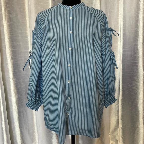 Samansa Mos2 Tops - Striped Blue Tie-Sleeve Button-Front Women’s Top